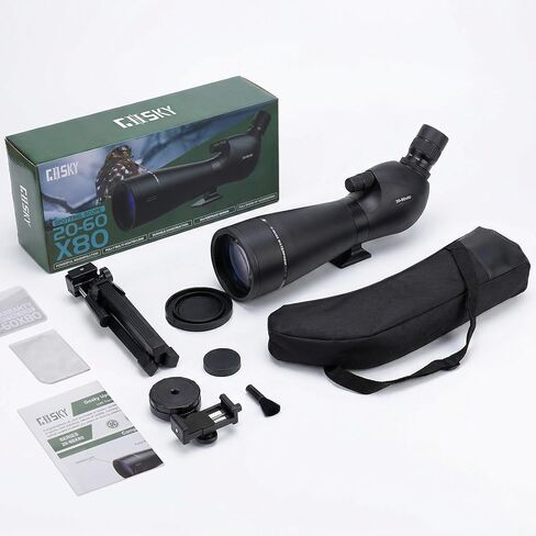 Gosky 20-60x80mm Spotting Scope with Phone Adapter & Tripod - BAK4 Prism Spotter Scope for Bird Watching Wildlife Observing Hiking, Portable with Carrying Bag and Cleaning Kits in Kuwait