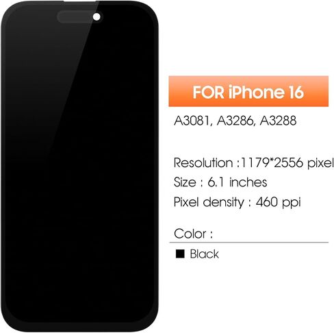 Not Original Screen for iPhone 16 Screen Replacement for iPhone 16 LCD Screen A3287,A3081,A3286,A3288 3D Touch Display Digitizer Assembly Repair Parts(Black No Frame in Kuwait