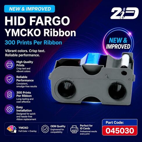 خرطوشة شريط Fargo YMCKO جديدة ومحسنة 2ID لـ DTC1250 | تصنيع المعدات الأصلية حقيقية | ترقية 300 مطبوعة (كان 250) | أسطوانة التنظيف | شريط طابعة بطاقة الهوية in Kuwait