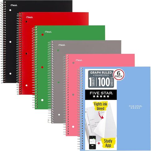 Five Star Spiral Notebooks, 6 Pack, 1 Subject, Graph Ruled Paper, Fights Ink Bleed, Water Resistant Cover, 8-1/2" x 11", 100 Sheets, Purple, Orange, Green, Blue, Gray, Black (73549) in Saudi Arabia