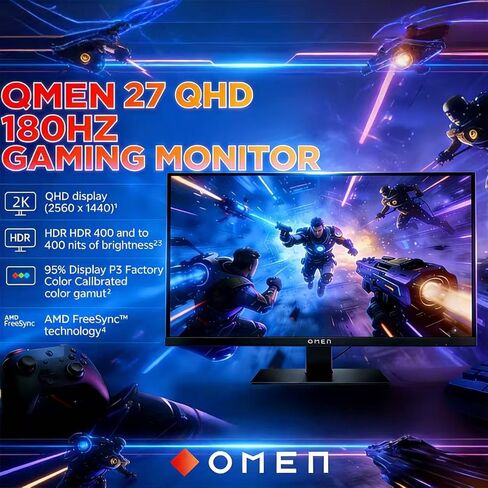 HP OMEN 27 Inch QHD (2560 x 1440) Gaming Monitor, 180Hz Refresh Rate, 1ms Response Time, AMD FreeSync, IPS Eye Comfort Display, Eye Comfort Display, Low Blue Light, OMEN 27q G2 in Kuwait