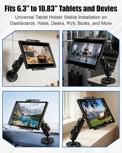 Heavy Duty Aluminum Tablet Mount with Drill Base, Adjustable 1" Ball Arm Holder Fit for 6.5"-12.9" iPad Pro/Mini Tablets, Secure Dashboard Truck Car Wall Desk Installation in Kuwait