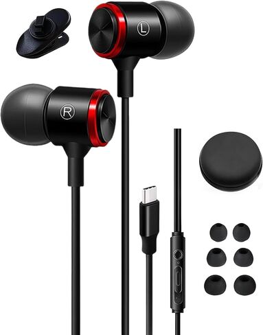 سماعات أذن سلكية USB من النوع C سماعات أذن سلكية مع حافظة وميكروفون والتحكم في مستوى الصوت لهاتف Samsung S26 S25 Ultra S24 FE S23 Plus، وإلغاء الضوضاء ستيريو HiFi لهاتف iPhone 17 16 15 Pro وS وM وL in Kuwait