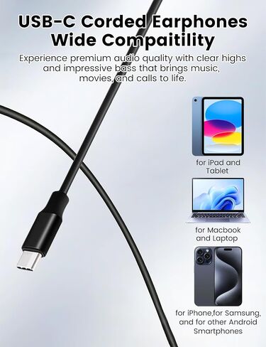 سماعات أذن سلكية USB من النوع C سماعات أذن سلكية مع حافظة وميكروفون والتحكم في مستوى الصوت لهاتف Samsung S26 S25 Ultra S24 FE S23 Plus، وإلغاء الضوضاء ستيريو HiFi لهاتف iPhone 17 16 15 Pro وS وM وL in Kuwait