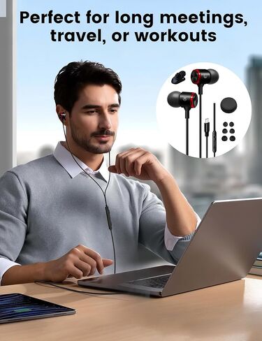 سماعات أذن سلكية USB من النوع C سماعات أذن سلكية مع حافظة وميكروفون والتحكم في مستوى الصوت لهاتف Samsung S26 S25 Ultra S24 FE S23 Plus، وإلغاء الضوضاء ستيريو HiFi لهاتف iPhone 17 16 15 Pro وS وM وL in Kuwait