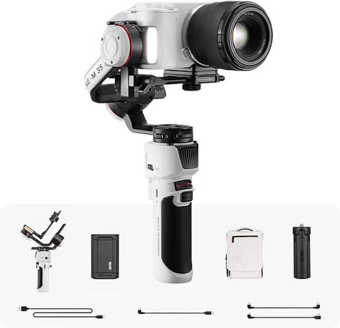 مثبت جيمبال كومبو من زيون كرين M3S للكاميرات، ضوء تعبئة مدمج، تحكم بلوتوث، تصوير عمودي، متوافق مع الكاميرات بدون مرآة، والهواتف الذكية وكاميرات الحركة in Kuwait