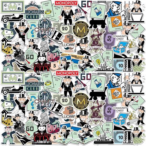 Monopoly 50 Count Vinyl Large Deluxe Stickers Variety Pack – Classic Board Game Icons, Money & Mr. Monopoly Decals for Laptop, Water Bottle, Scrapbooking, Tablet, Indoor & Outdoor Use in Kuwait