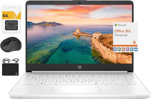 كمبيوتر محمول HP جديد 14 بوصة عالي الدقة وخفيف الوزن، معالج Intel Celeron رباعي النواة، ذاكرة الوصول العشوائي 4 جيجابايت، 128 جيجابايت (64 جيجابايت eMMC + 64 جيجابايت SD)، واي فاي، حتى 11 ساعة، Windows 11 S + 1 سنة Office 365+HubxcelAccessory، أبيض in Kuwait