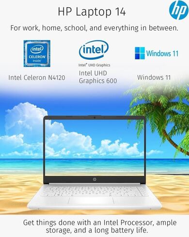 كمبيوتر محمول HP جديد 14 بوصة عالي الدقة وخفيف الوزن، معالج Intel Celeron رباعي النواة، ذاكرة الوصول العشوائي 4 جيجابايت، 128 جيجابايت (64 جيجابايت eMMC + 64 جيجابايت SD)، واي فاي، حتى 11 ساعة، Windows 11 S + 1 سنة Office 365+HubxcelAccessory، أبيض in Kuwait