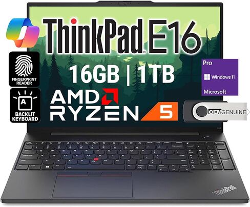 Oemgenuine Lenovo ThinkPad E16، WUXGA 16 بوصة IPS، AMD Ryzen 5 7430U، ذاكرة الوصول العشوائي 16 جيجابايت، 1 تيرابايت NVMe، FP، لوحة مفاتيح بإضاءة خلفية باللغة الإنجليزية في المملكة المتحدة، WiFi 6 + BT، RJ-45، كاميرا ويب FHD، W11P، كمبيوتر محمول للأعمال in Kuwait