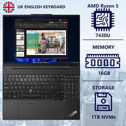 Oemgenuine Lenovo ThinkPad E16، WUXGA 16 بوصة IPS، AMD Ryzen 5 7430U، ذاكرة الوصول العشوائي 16 جيجابايت، 1 تيرابايت NVMe، FP، لوحة مفاتيح بإضاءة خلفية باللغة الإنجليزية في المملكة المتحدة، WiFi 6 + BT، RJ-45، كاميرا ويب FHD، W11P، كمبيوتر محمول للأعمال in Kuwait