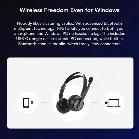 سماعة رأس لاسلكية من نيوروم HP31D مع ميكروفون، سماعة بلوتوث مع ميكروفون عازل للضوضاء للعمل، حامل شحن/زر كتم الصوت، دونجل/USB للكمبيوتر الشخصي/الكمبيوتر/الكمبيوتر المحمول للتكبير/الفرق، المكتب in Kuwait