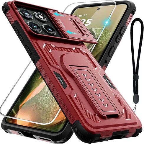for Motorola Edge 2025 Case with Screen Protector, Upgrade Slide Camera Cover, Kickstand, Lanyard Strap, Military Grade Shockproof Heavy Duty Robust Bumper Phone Case for Moto Edge 2025, Black in Kuwait