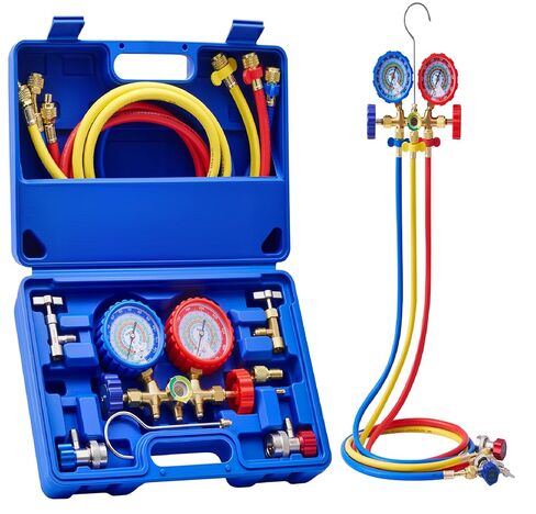 OMT AC Gauges, AC Manifold Gauge Set for R134a R12 R22 R502, 3 Way Automotive AC Gauge Set with Antishock Gauges Hoses Couplers Adapter, Puncturing Can Tap Freon Recharge Kit, Blue Case in Kuwait