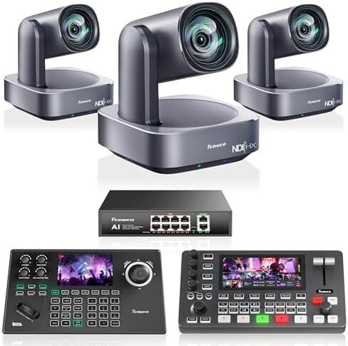 مجموعة/مجموعة كاميرا Tenveo 4K PTZ - 3 كاميرات تكبير بصري 12X NDI AI (LAN/HDMI/USB3.0)، وحدة تحكم عصا التحكم NDI بشاشة 5 بوصة، محول فيديو 4K HDMI SDI ومفتاح PoE بـ 8 منافذ in Kuwait