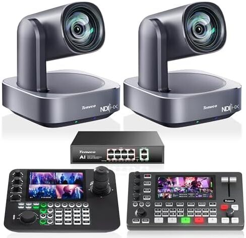 مجموعة/مجموعة كاميرا Tenveo 4K PTZ - عبوتان من كاميرات AI NDI ذات التكبير البصري 12X (LAN/HDMI/USB3.0)، وحدة تحكم عصا التحكم NDI رباعية الشاشات مقاس 7 بوصة، ومحول فيديو 4K HDMI SDI ومفتاح PoE بـ 8 منافذ in Kuwait