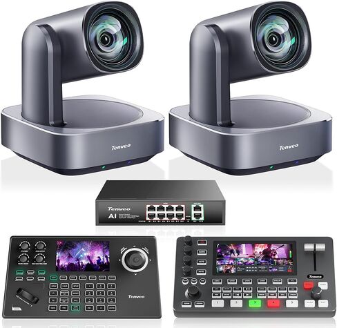 Tenveo 4K PTZ Camera Bundle/Kit - 2-Pack 12X Optical Zoom AI Cameras (LAN/HDMI/USB3.0), 5-inch Screen NDI Joystick Controller, 4K HDMI SDI Video Switcher and 8-Port PoE Switch in Kuwait