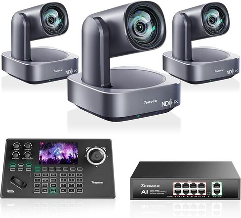 مجموعة/مجموعة كاميرا Tenveo 4K PTZ وConroller - 3 عبوات من كاميرات NDI لتتبع التكبير البصري 12X (LAN/HDMI/USB3.0)، وحدة تحكم عصا التحكم NDI بشاشة 5 بوصات، ومحول شبكة Gigabit PoE بـ 8 منافذ in Kuwait