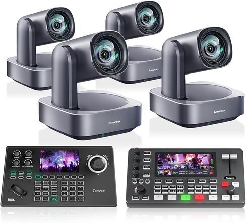 Tenveo 4K PTZ Camera and Conroller Bundle/Kit - 4-Pack 12X Optical Zoom AI Tracking Cameras (LAN/HDMI/USB3.0), 5-inch Screen Joystick Controller, 4K HDMI SDI Video Switcher and 8-Port PoE Switch in Kuwait