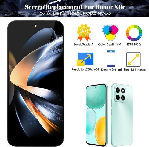 SRJTEK TFT لشاشة LCD Honor X6c لشاشة Honor X6c البديلة لشاشة Honor X6c NIC-LX1 NIC-LX2 شاشة LCD NIC-LX3 طقم إصلاح مجموعة رقمنة اللمس (6.61 بوصة، أسود مع إطار) in Kuwait