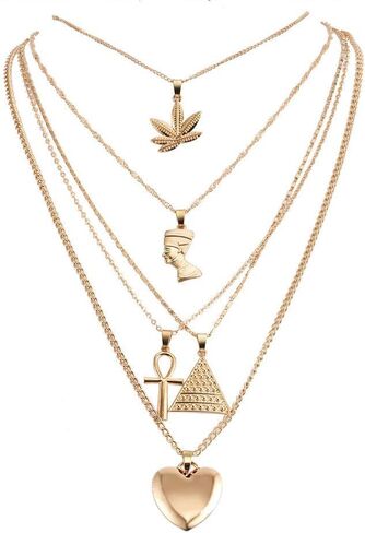 HUJUON 5-Layer Nefertiti Pharaoh Necklace. Punk Gold Egyptian Queen Heart Cross Layered Necklace,Hip Hop African Women Men Jewelry in Saudi Arabia