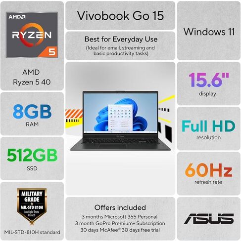 كمبيوتر محمول ASUS Vivobook Go 15 مقاس 15.6 بوصة FHD، ومعالج AMD Ryzen 5 40 (يصل إلى 4.3 جيجا هرتز)، وذاكرة وصول عشوائي 8 جيجابايت، ومحرك أقراص SSD سعة 512 جيجابايت، ورسومات Radeon، رفيع وخفيف الوزن، وواي فاي 6E، وبلوتوث 5.3، ونظام التشغيل Windows 11 Home in Kuwait