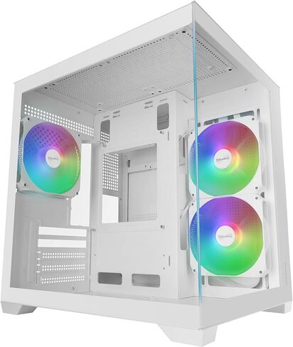 Mars Gaming MC-VIEW3, MicroATX PC Case, Panoramic Tempered Glass, 3 x ARGB 120 mm Fans, Double Chamber, Support for Liquid Cooling up to 240 mm, Compact Mini Tower with USB-C, White in Kuwait