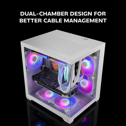 Mars Gaming MC-VIEW3, MicroATX PC Case, Panoramic Tempered Glass, 3 x ARGB 120 mm Fans, Double Chamber, Support for Liquid Cooling up to 240 mm, Compact Mini Tower with USB-C, White in Kuwait