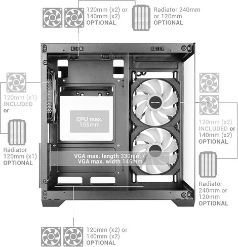 Mars Gaming MC-VIEW3, MicroATX PC Case, Panoramic Tempered Glass, 3 x ARGB 120 mm Fans, Double Chamber, Support for Liquid Cooling up to 240 mm, Compact Mini Tower with USB-C, White in Kuwait