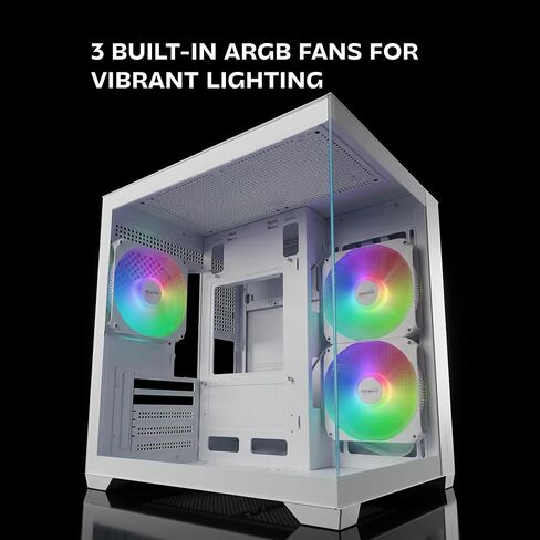 Mars Gaming MC-VIEW3, MicroATX PC Case, Panoramic Tempered Glass, 3 x ARGB 120 mm Fans, Double Chamber, Support for Liquid Cooling up to 240 mm, Compact Mini Tower with USB-C, White in Kuwait