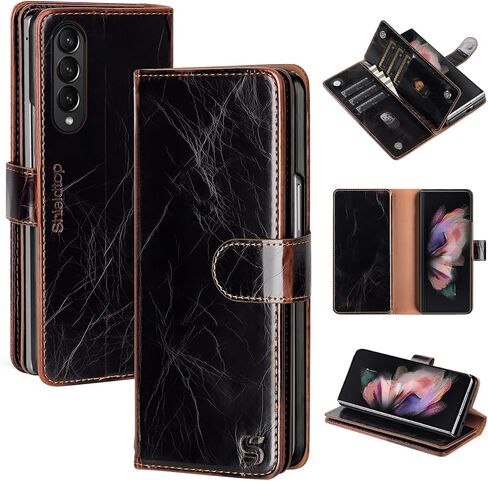 Shieldtop متوافق مع حافظة محفظة Samsung Galaxy Z Fold 3 مع حامل بطاقة، حافظة هاتف للنساء والرجال، حافظة RFID من جلد البولي يوريثان، غطاء واقٍ قابل للطي، حامل بطاقات الائتمان، مسند، أسود in Kuwait