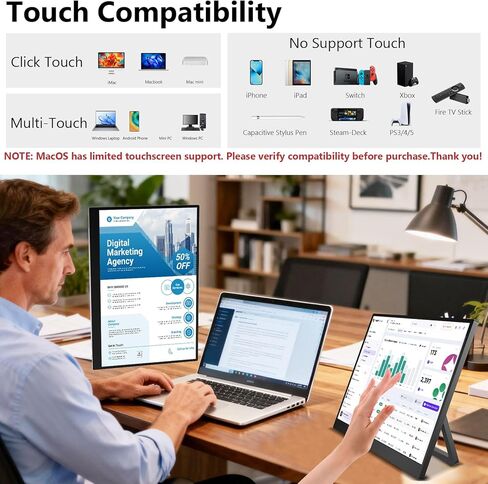 شاشة محمولة تعمل باللمس مقاس 15.3 بوصة، شاشة خارجية بدقة 1920×1200 Full HD IPS تعمل باللمس بـ 10 نقاط، توصيل وتشغيل USB-C HDMI فائق النحافة، شاشة محمولة لأجهزة الكمبيوتر المحمول PC Mac PS5 Xbox in Kuwait