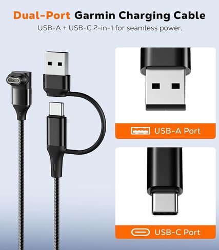 كابل شاحن ساعة جارمين 2 في 1 بطول 3.3 قدم، قطعتان، سلك شحن USB A/C لـ Garmin Fenix ​​8/7/7X/6/5;Vivoactive 6/5/4;Venu 3/3S;Forerunner 970/965/955/945/570/265;Instinct;Tactix، أسود in Kuwait