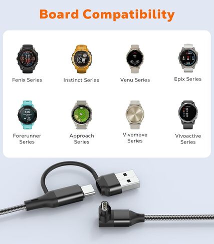 كابل شاحن ساعة جارمين 2 في 1 بطول 3.3 قدم، قطعتان، سلك شحن USB A/C لـ Garmin Fenix ​​8/7/7X/6/5;Vivoactive 6/5/4;Venu 3/3S;Forerunner 970/965/955/945/570/265;Instinct;Tactix، أسود in Kuwait