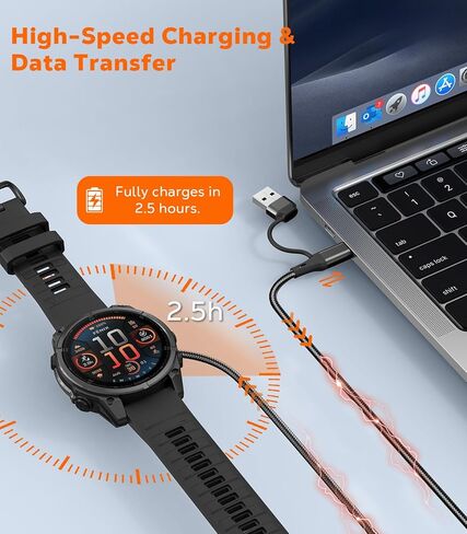 كابل شاحن ساعة جارمين 2 في 1 بطول 3.3 قدم، قطعتان، سلك شحن USB A/C لـ Garmin Fenix ​​8/7/7X/6/5;Vivoactive 6/5/4;Venu 3/3S;Forerunner 970/965/955/945/570/265;Instinct;Tactix، أسود in Kuwait