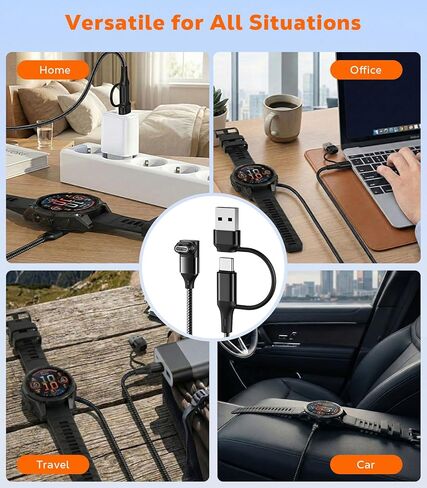 كابل شاحن ساعة جارمين 2 في 1 بطول 3.3 قدم، قطعتان، سلك شحن USB A/C لـ Garmin Fenix ​​8/7/7X/6/5;Vivoactive 6/5/4;Venu 3/3S;Forerunner 970/965/955/945/570/265;Instinct;Tactix، أسود in Kuwait