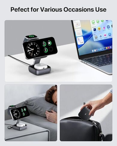 محطة شحن لاسلكية UEQ 3 في 1 لأجهزة Apple، شاحن لاسلكي مغناطيسي قابل للطي سريع السفر، متوافق مع شاحن MagSafe لهاتف iPhone 17 Air 16 15 14 13 12، Apple Watch&AirPods Pro in Kuwait