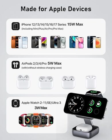 محطة شحن لاسلكية UEQ 3 في 1 لأجهزة Apple، شاحن لاسلكي مغناطيسي قابل للطي سريع السفر، متوافق مع شاحن MagSafe لهاتف iPhone 17 Air 16 15 14 13 12، Apple Watch&AirPods Pro in Kuwait