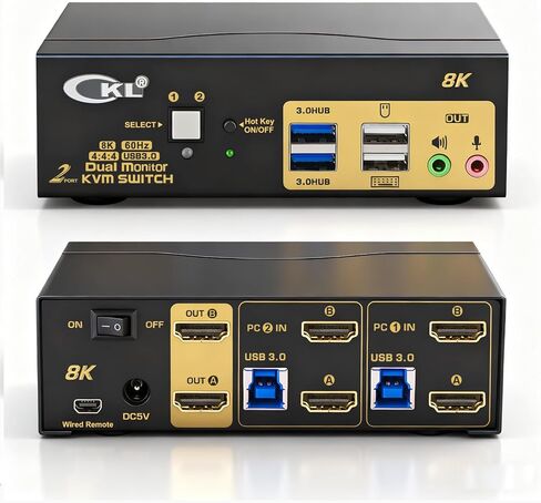 CKL 8K 60 هرتز HDMI 2.1 محول KVM ثنائي الشاشة لجهازي كمبيوتر وشاشتين مع 2 محور USB3.0 in Kuwait