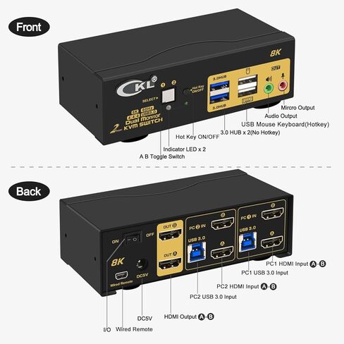 CKL 8K 60 هرتز HDMI 2.1 محول KVM ثنائي الشاشة لجهازي كمبيوتر وشاشتين مع 2 محور USB3.0 in Kuwait