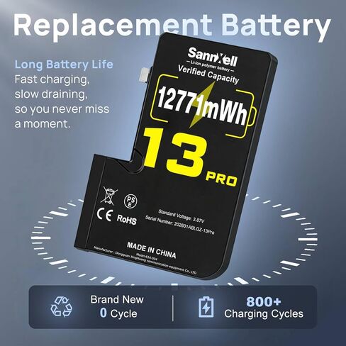 Upgraded High Capacity Battery for iPhone 13 Pro Replacement, 12771mWh 0 Cycle A2636 A2638 A2639 A2640 A2483 Model, Ultra Long Lasting Li-ion Battery with Full Repair Tool Kit in Kuwait