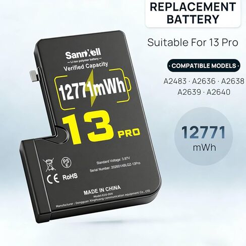 Upgraded High Capacity Battery for iPhone 13 Pro Replacement, 12771mWh 0 Cycle A2636 A2638 A2639 A2640 A2483 Model, Ultra Long Lasting Li-ion Battery with Full Repair Tool Kit in Kuwait