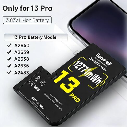 Upgraded High Capacity Battery for iPhone 13 Pro Replacement, 12771mWh 0 Cycle A2636 A2638 A2639 A2640 A2483 Model, Ultra Long Lasting Li-ion Battery with Full Repair Tool Kit in Kuwait