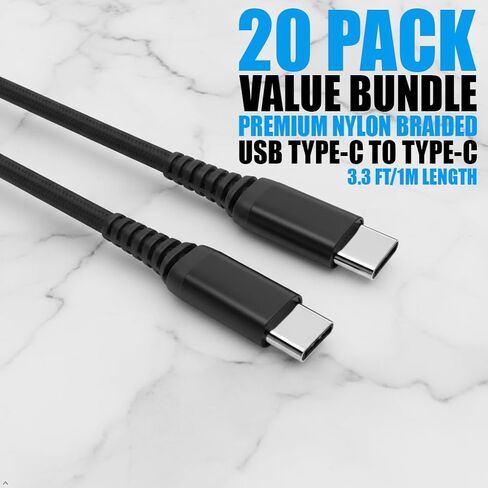 كابل USB من النوع C إلى C ضخم 20 حزمة 3.3 قدم مضفر شحن سريع 3A شاحن سريع متوافق مع iPhone 17/17 Pro/16e/16/15 Pro Max، Samsung Galaxy S25 S24 S10 S9 S8 Plus، Note 10 9 8، LG V50 in Kuwait