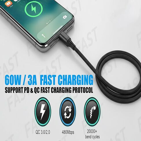 كابل USB من النوع C إلى C ضخم 20 حزمة 3.3 قدم مضفر شحن سريع 3A شاحن سريع متوافق مع iPhone 17/17 Pro/16e/16/15 Pro Max، Samsung Galaxy S25 S24 S10 S9 S8 Plus، Note 10 9 8، LG V50 in Kuwait