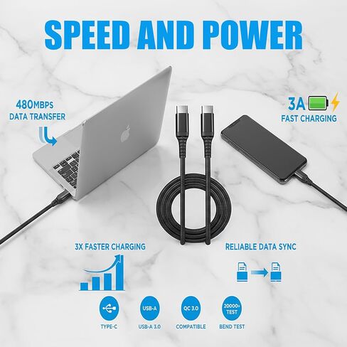 كابل USB من النوع C إلى C ضخم 20 حزمة 3.3 قدم مضفر شحن سريع 3A شاحن سريع متوافق مع iPhone 17/17 Pro/16e/16/15 Pro Max، Samsung Galaxy S25 S24 S10 S9 S8 Plus، Note 10 9 8، LG V50 in Kuwait
