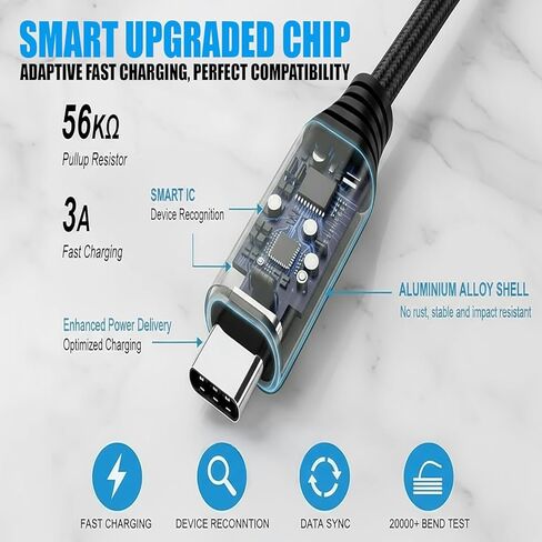 كابل USB من النوع C إلى C ضخم 20 حزمة 3.3 قدم مضفر شحن سريع 3A شاحن سريع متوافق مع iPhone 17/17 Pro/16e/16/15 Pro Max، Samsung Galaxy S25 S24 S10 S9 S8 Plus، Note 10 9 8، LG V50 in Kuwait