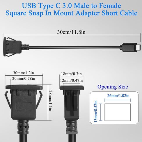 QIANRENON 5Gbps USB C Square Snap in Mount محول سريع الشحن كابل قصير PD60W USB نوع C 3.0 ذكر إلى أنثى لوحة مدمجة جبل موصل تمديد الحبل 20V 3A، للوحة القيادة السيارة / RV، 30 سم / 11.8 بوصة in Kuwait