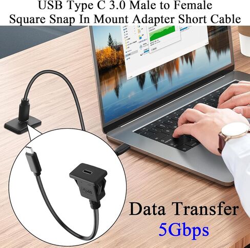 QIANRENON 5Gbps USB C Square Snap in Mount محول سريع الشحن كابل قصير PD60W USB نوع C 3.0 ذكر إلى أنثى لوحة مدمجة جبل موصل تمديد الحبل 20V 3A، للوحة القيادة السيارة / RV، 30 سم / 11.8 بوصة in Kuwait