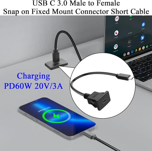 QIANRENON 5Gbps USB C Square Snap in Mount محول سريع الشحن كابل قصير PD60W USB نوع C 3.0 ذكر إلى أنثى لوحة مدمجة جبل موصل تمديد الحبل 20V 3A، للوحة القيادة السيارة / RV، 30 سم / 11.8 بوصة in Kuwait